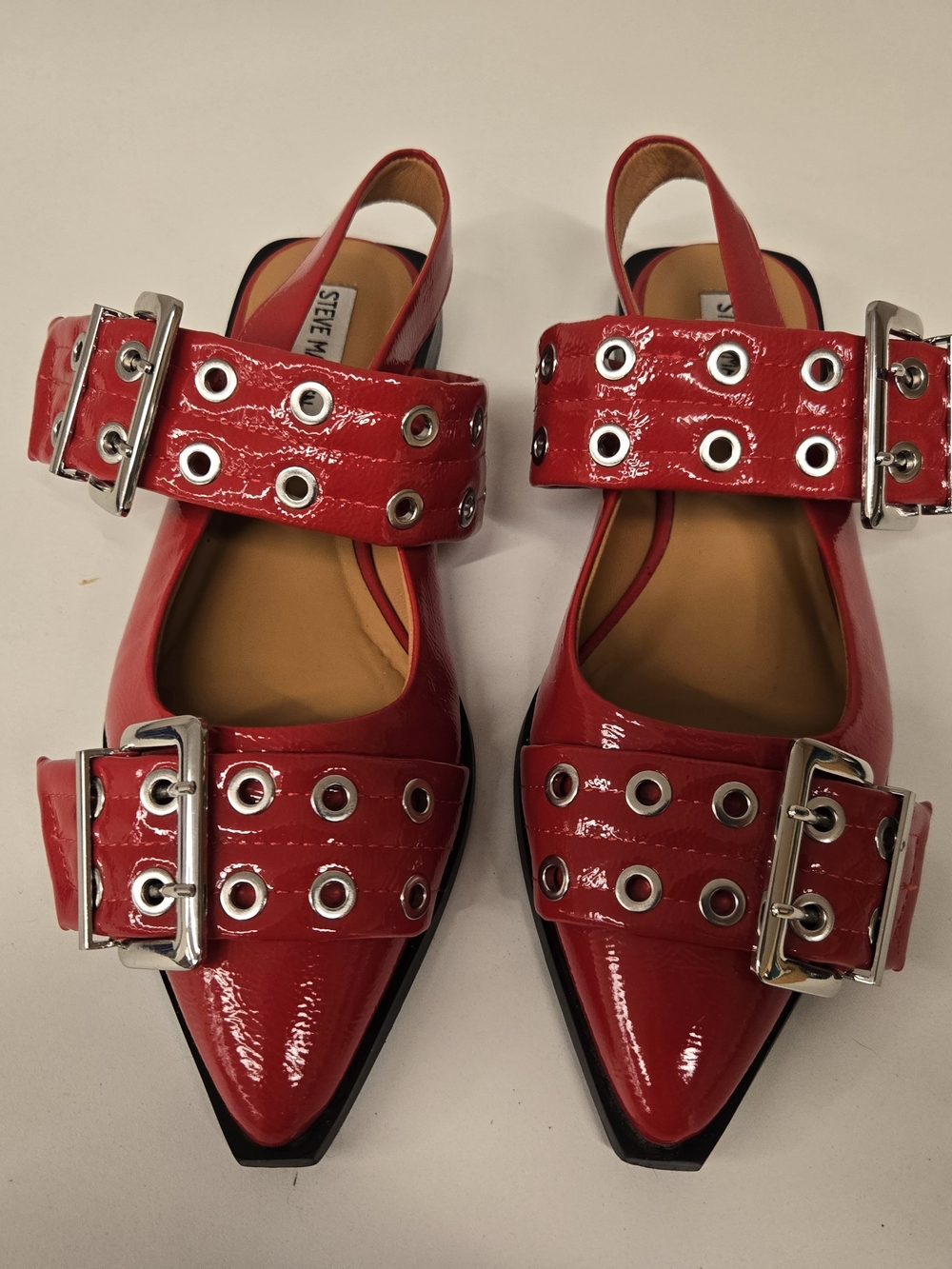 Steve Madden Red Patent Slingback Pointed-Toe Flats with Grommet Straps